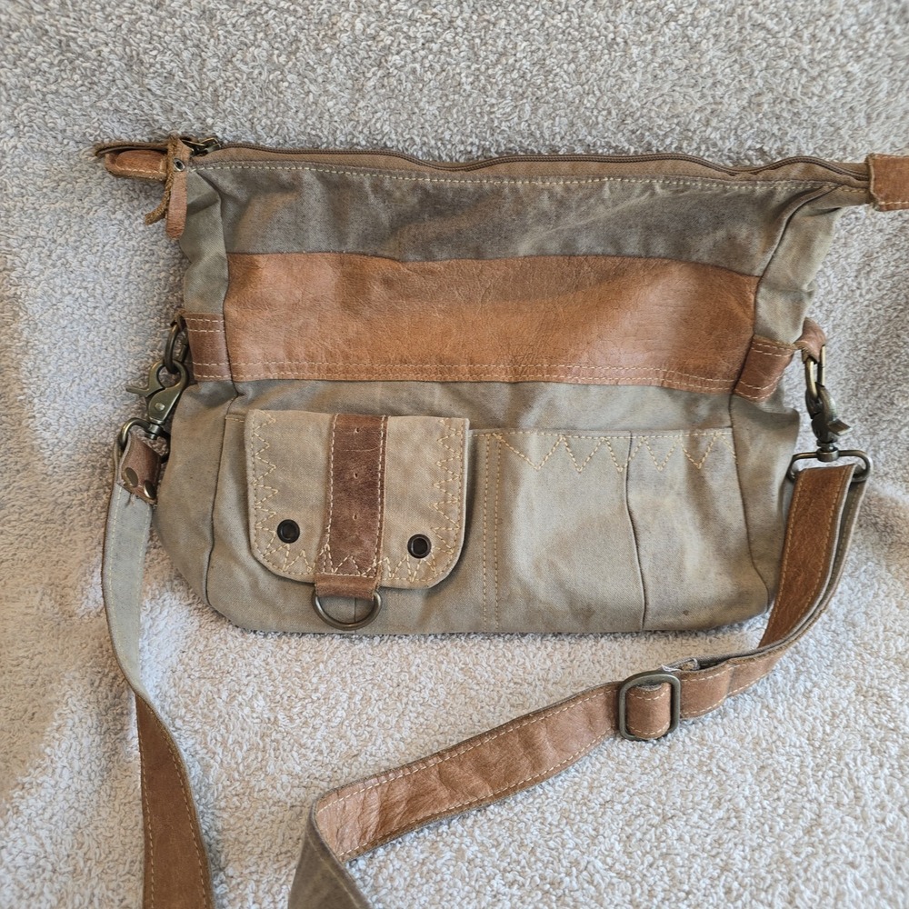 Myra Bag Canvas Leather Crossbody Shoulder Bag Tote Purse Tan Gray Patches Hobo